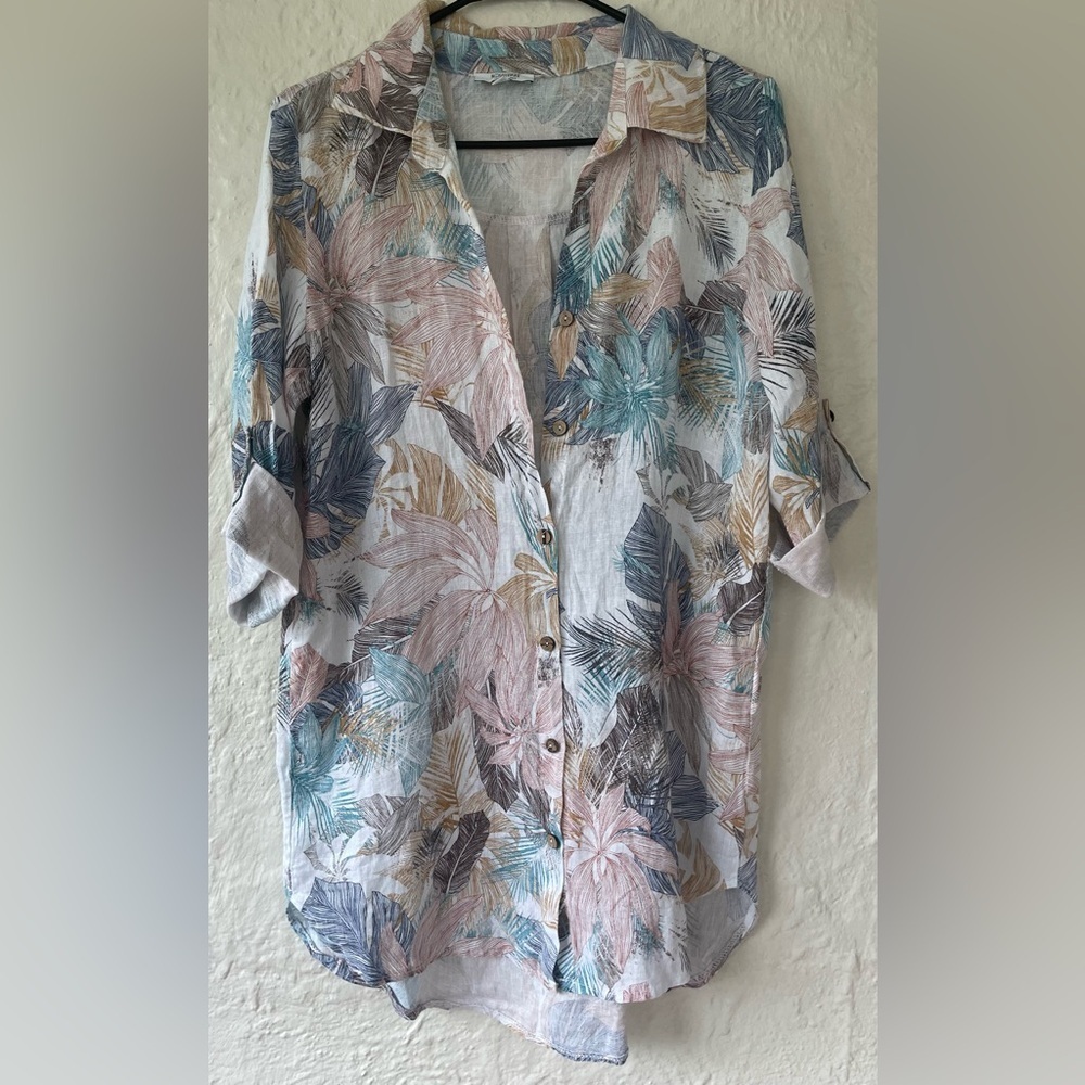 Rosemarine Tropical Leaves Natural Linen Boho Button Down Tunic Top Small